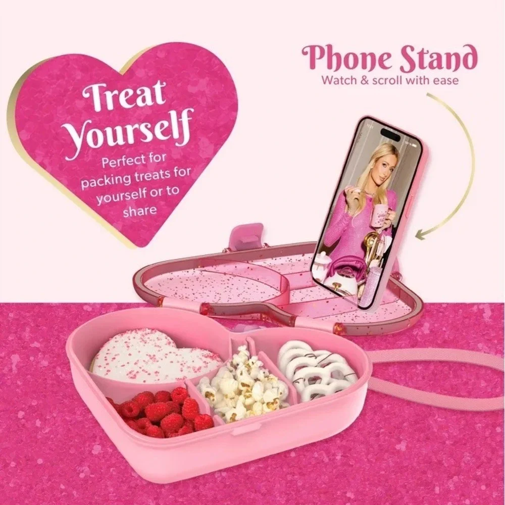 Paris Hilton Pink‎ Heart Bento Snack Box – Glitter Lid, Phone Stand, Bow NWT